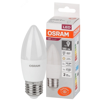 Лампа светодиодная LED Value LVCLB60 7SW/830 7Вт свеча матовая E27 230В 10х1 RU OSRAM 4058075579446