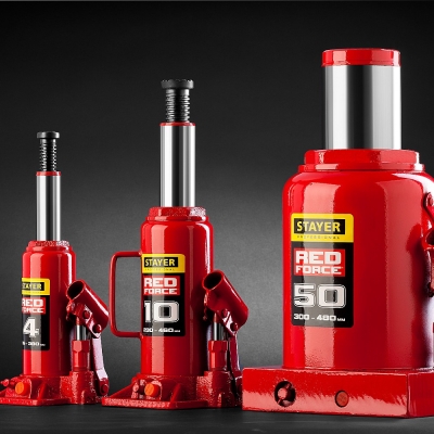 STAYER RED FORCE, 3 т, 194 - 372 мм, бутылочный гидравлический домкрат, Professional (43160-3)